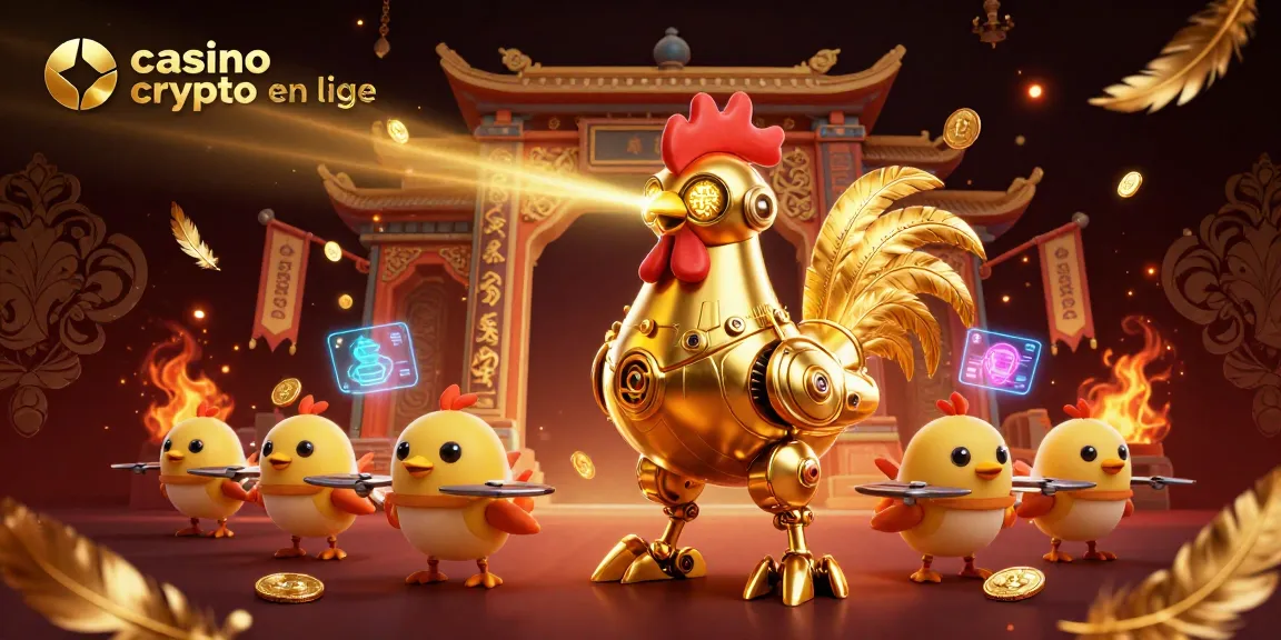Illustration d'un casino crypto en ligne avec un robot coq futuriste et des drones de poussins