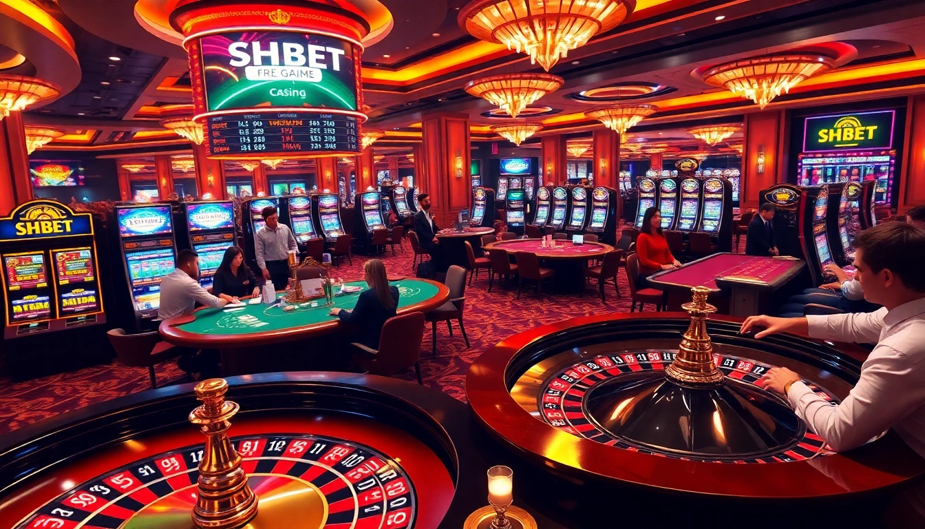 Engaged players enjoying a vibrant SHBET casino experience filled with roulette and poker excitement.