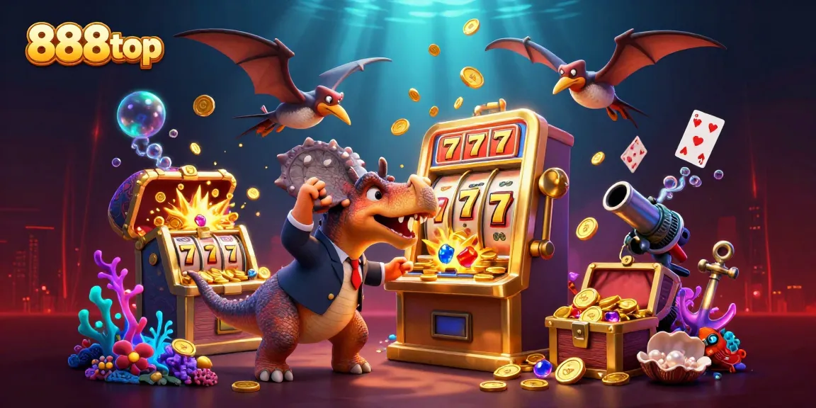 Experience the excitement of 888top as a cartoon dinosaur engages in a thrilling jackpot win.