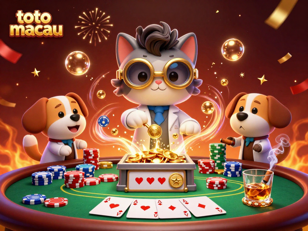 Experience the excitement of toto macau with a mad scientist cat and a dog assistant at a vibrant poker table.