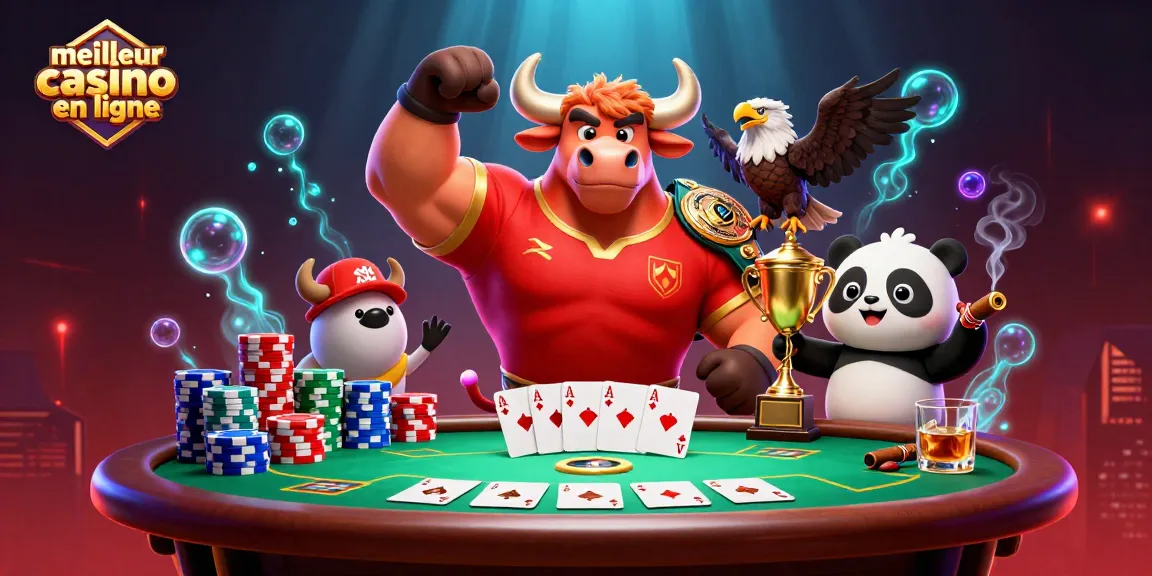 Illustration 3D d'un meilleur casino en ligne mettant en scène un taureau musclé et un aigle tenant un trophée.