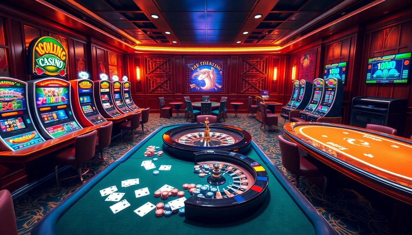 Scène captivante sur un site de casino en ligne avec des machines à sous luxueuses et des tables de poker.