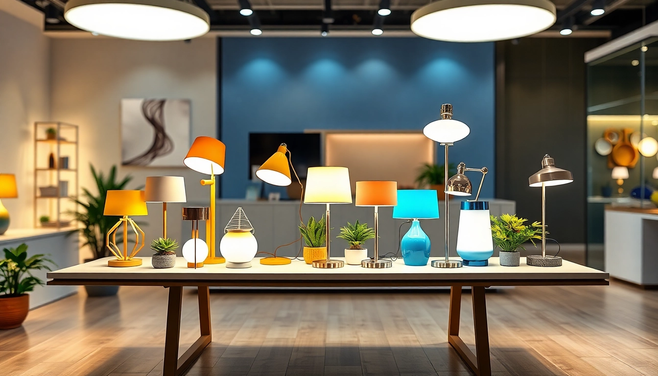 Showcasing a variety of ELC Lamps Online in an elegant showroom display with vibrant colors and modern design.