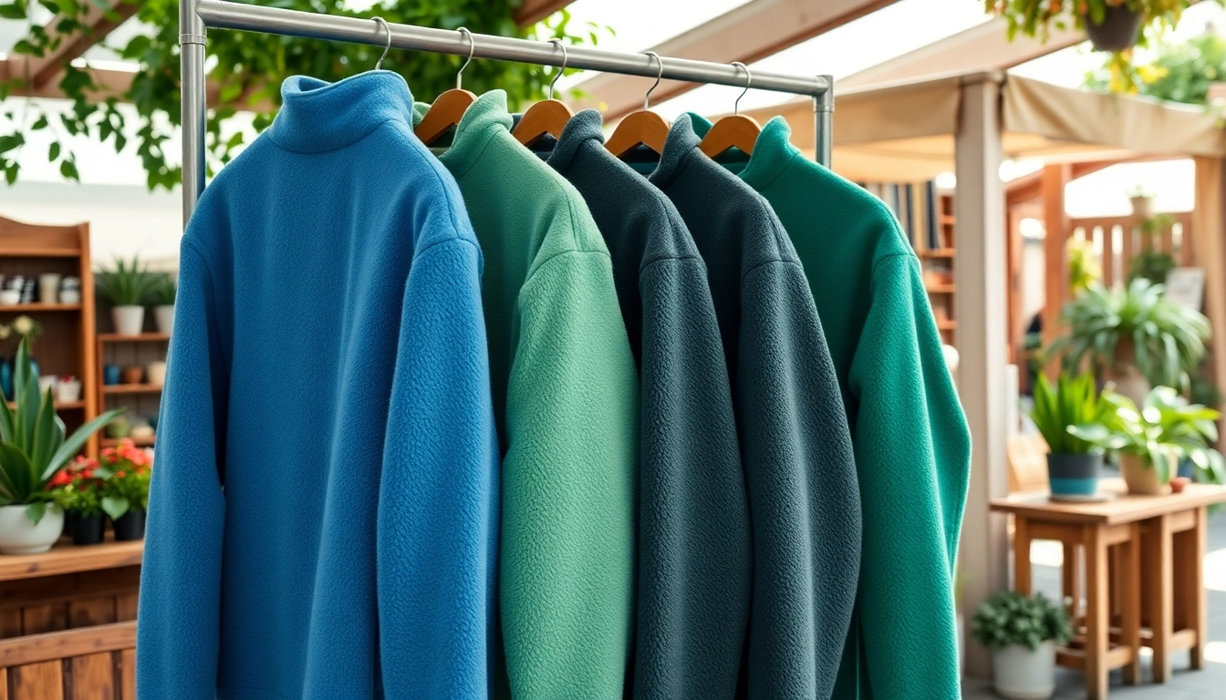 Fleece jassen hangen aantrekkelijk in een gezellige buitenmarkt.