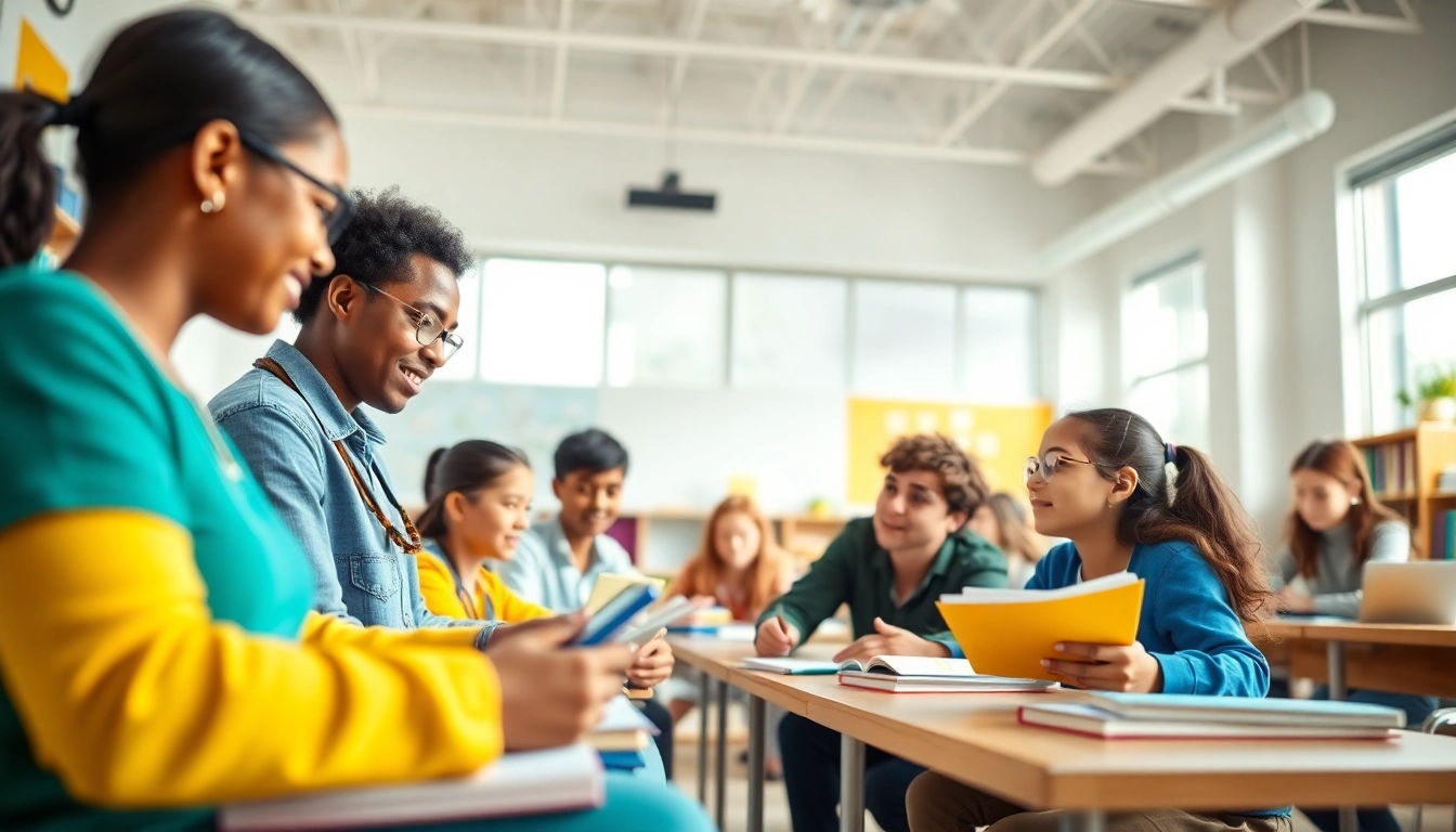 Education scene depicting diverse students collaborating in a bright classroom.