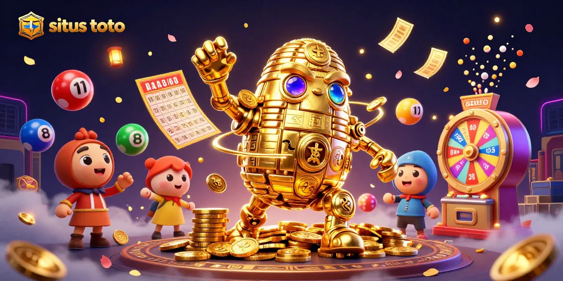 Engage with situs toto's vibrant lottery scene featuring a golden golem and bouncing lottery balls.