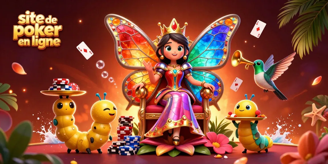 Jouez au poker sur le site de poker en ligne avec une reine papillon et des éléments dynamiques autour.