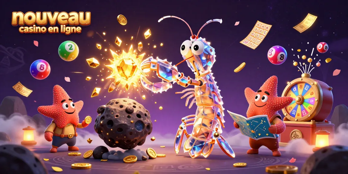 Nouveau casino en ligne: Une illustration dynamique avec des personnages de jeu et des éléments de loterie.
