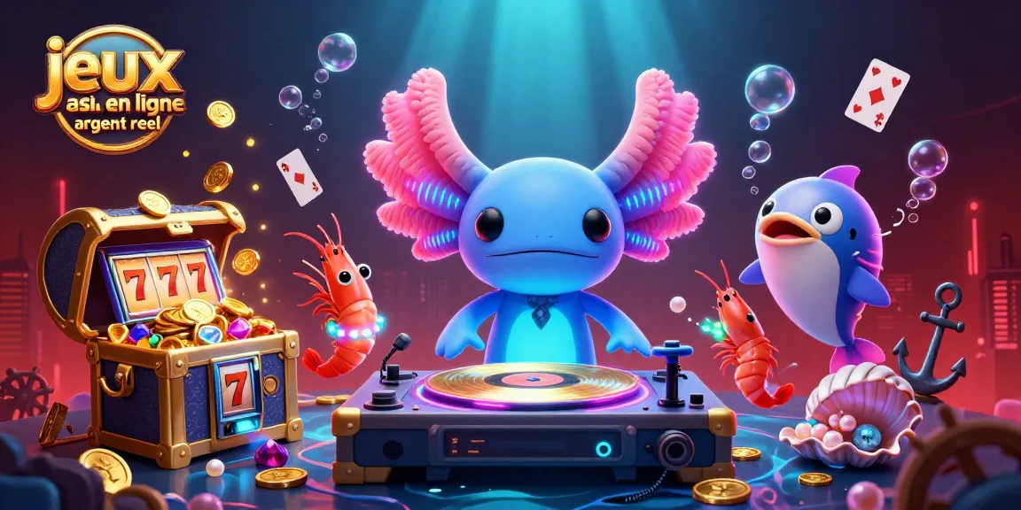 Découvrez les jeux casino en ligne argent réel tout en célébrant avec un DJ axolotl coloré dans un monde sous-marin vibrant.