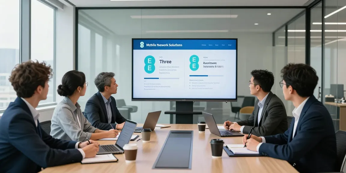 Comparing EE vs Three business plans in a modern conference room with diverse professionals.