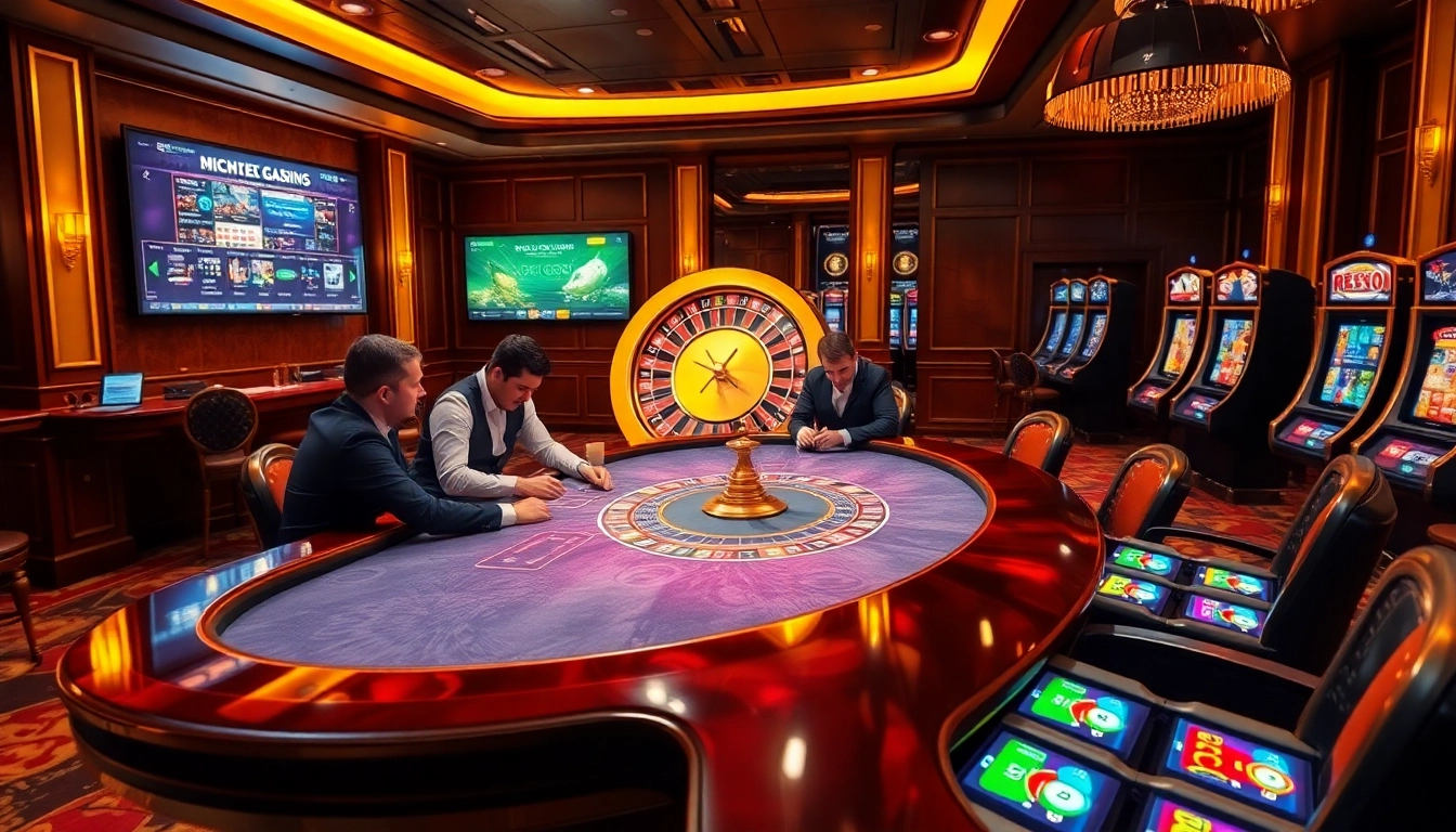Vivez l'excitation du casino en ligne Français 2026 avec des tables de poker vibrantes et des roues de roulette illuminant la scène.