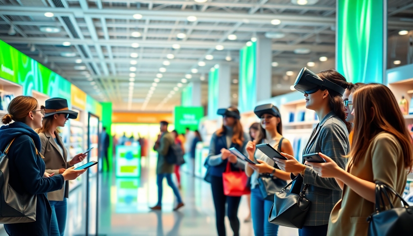 Explore the latest shopping methods in a vibrant e-commerce setting with interactive displays and diverse shoppers.