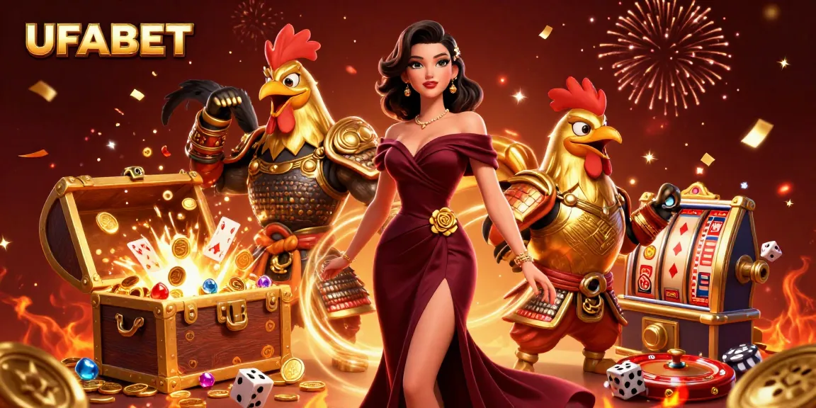 Playning dynamic games at UFABET with golden rooster warrior and glamorous lady in a vibrant casino scene