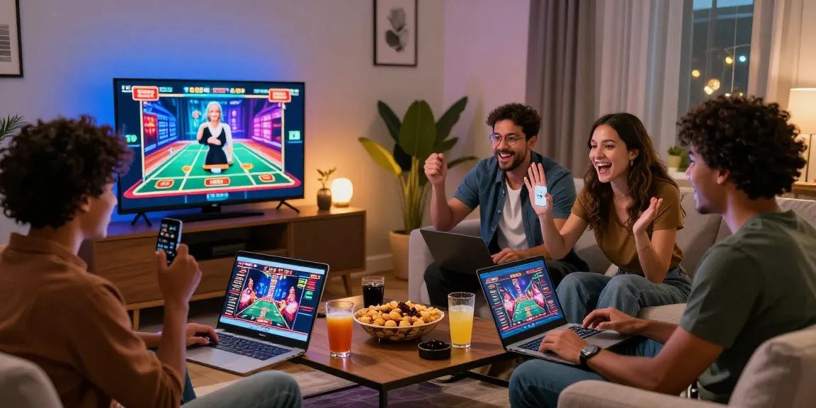 Friends celebrating in a living room while playing at casinos that accept credit cards on laptops and mobile devices.