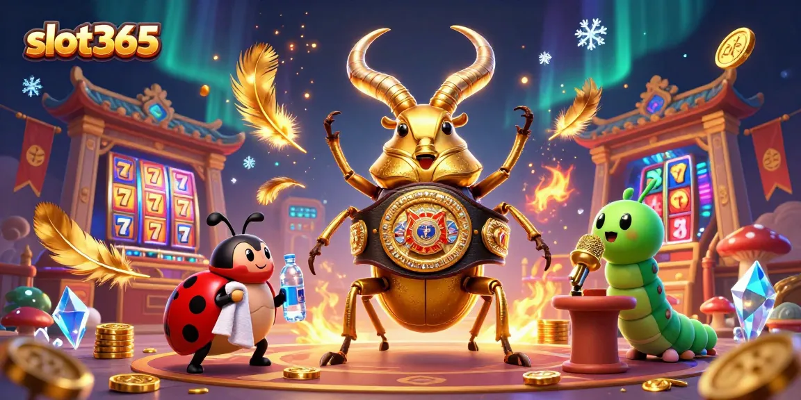 Experience thrilling gameplay with slot365, featuring a cartoon beetle boxing and vibrant casino elements.