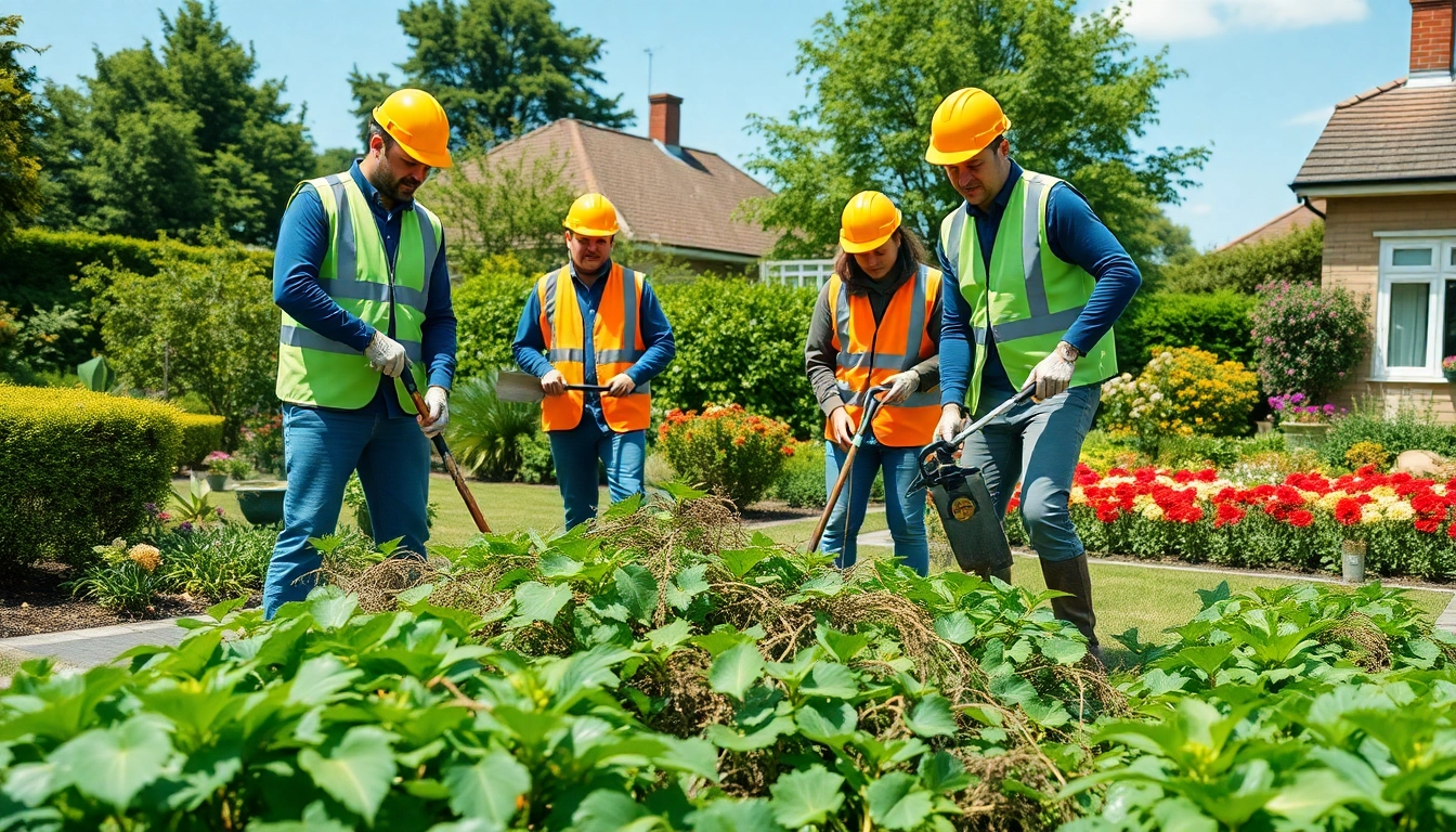 Japanese Knotweed removal by a professional team in a vibrant suburban garden.
