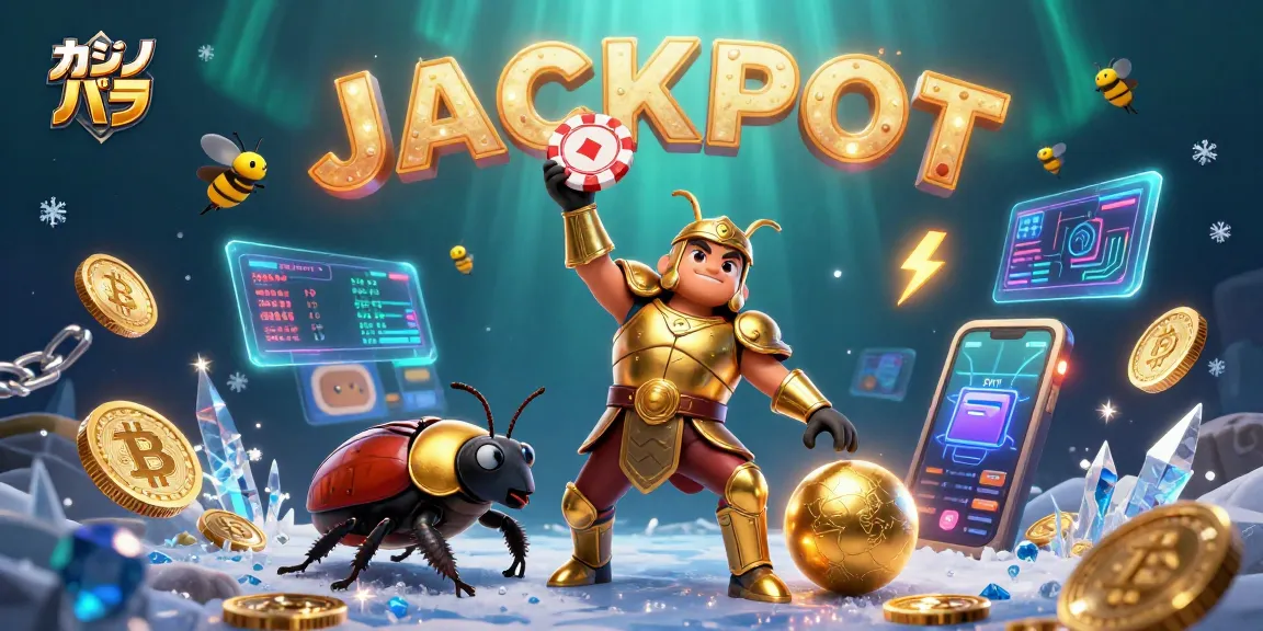 カジノ バカラで勝利を祝うカブトムシ、黄金の装甲とポーカーチップで飾られたシーン。