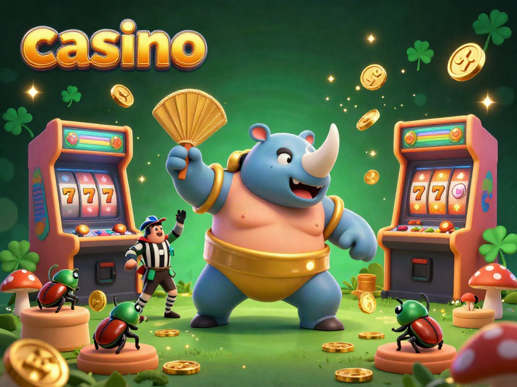 Engaging casino scene with a beetle champion stomping coins, showcasing arcade game elements and vibrant graphics.