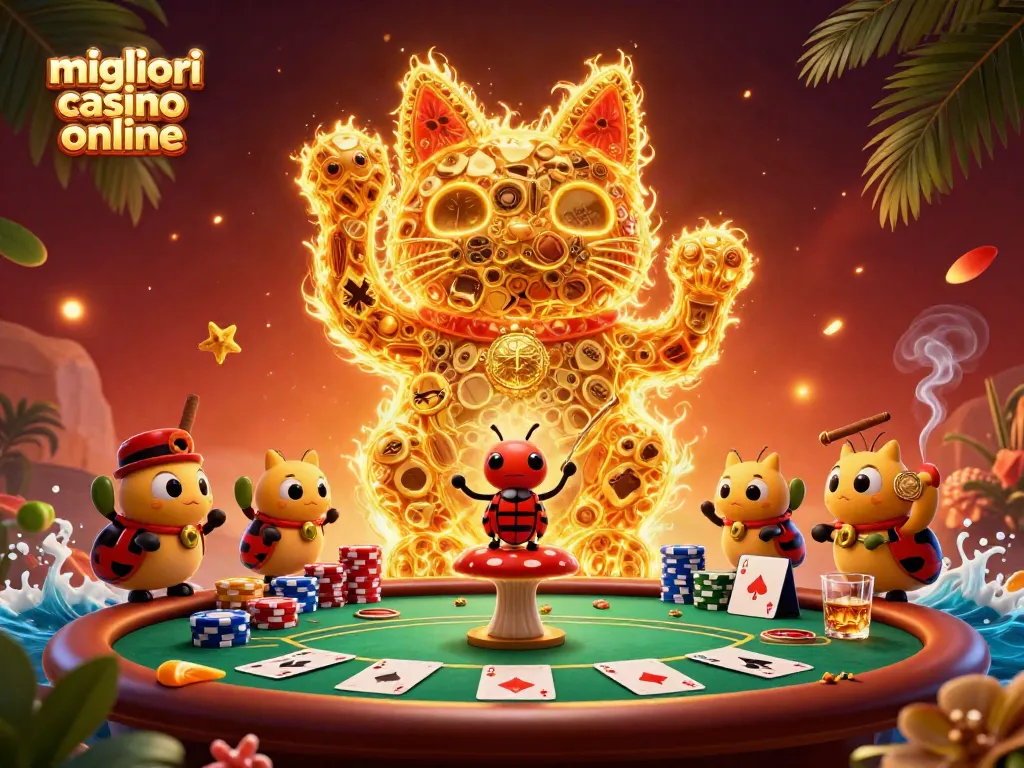 I migliori casino online rappresentati da un gatto fortunato animato tra simboli di gioco e chip colorati.