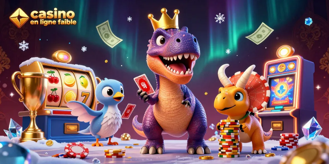 Illustration d'un T-Rex avec une couronne dorée et des cartes, mettant en avant un casino en ligne fiable.