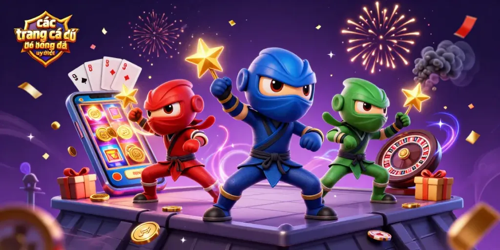 Các trang cá độ bóng đá uy tín với đội ninja tắc kè 3D thực hiện tư thế nghệ thuật sôi động.