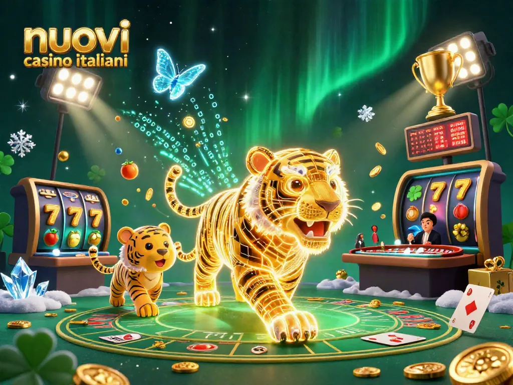 Gioca nei nuovi casino italiani mentre una tigre dorata di energia luminosa attraversa un paesaggio digitale pieno di vincite.