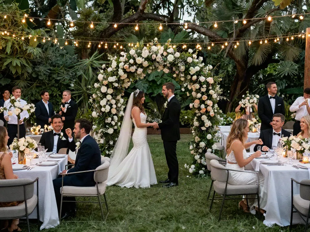 Event furniture rental setup at a stylish wedding reception with modern lounge furniture and elegant decor.