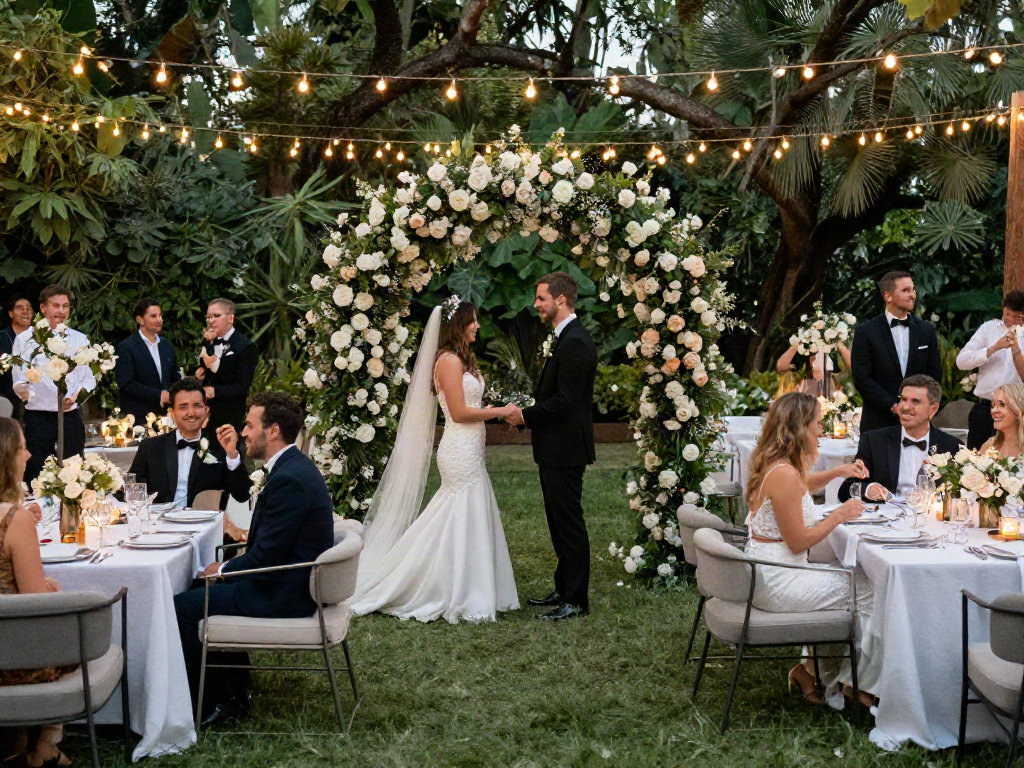 Event furniture rental setup at a stylish wedding reception with modern lounge furniture and elegant decor.