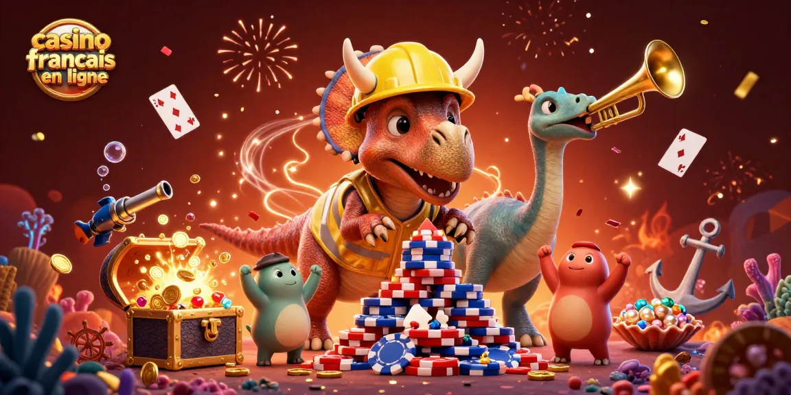 Jouer sur des casinos français en ligne avec des personnages de dinosaures et des éléments de fête colorés.