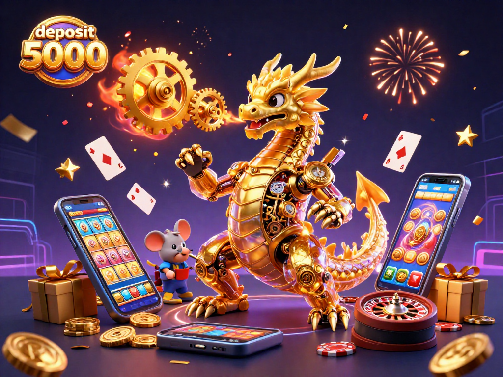 Experience the thrill of deposit 5000 with colorful slot games and golden dragon elements.