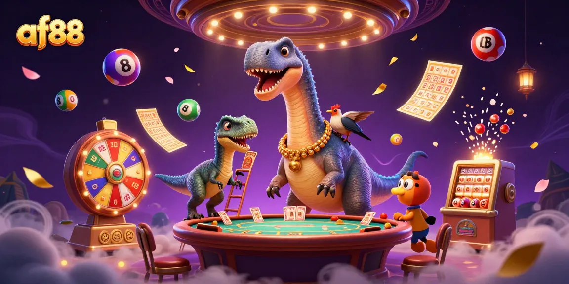Join the fun at af88 as a towering brontosaurus keeps an eye on the poker table below.
