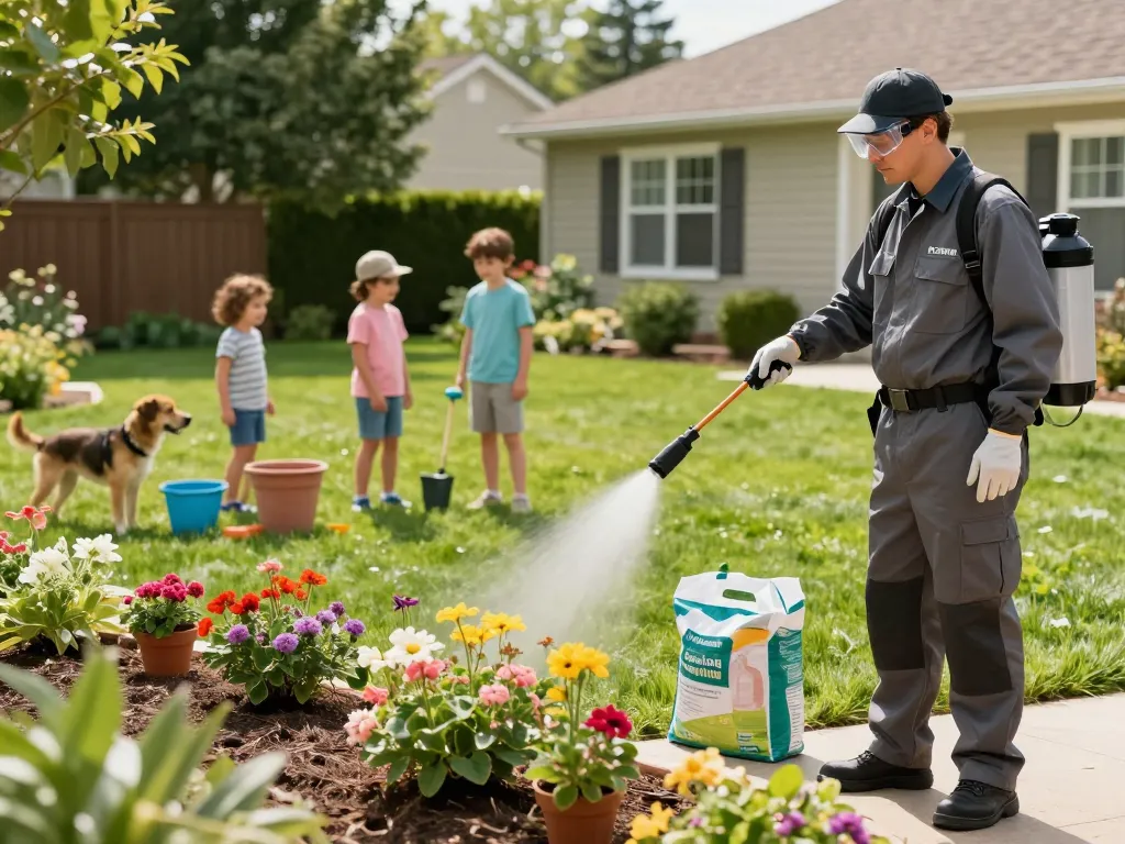 Pest control technician applying eco-friendly treatment in a sunny backyard while children play, ensuring a safe home environment.
