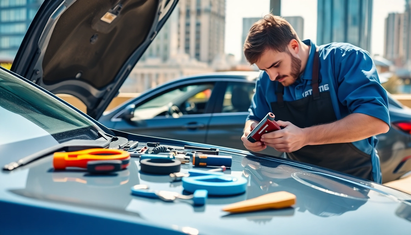 Technician performing mobile car repair services on a vehicle in an urban environment.
