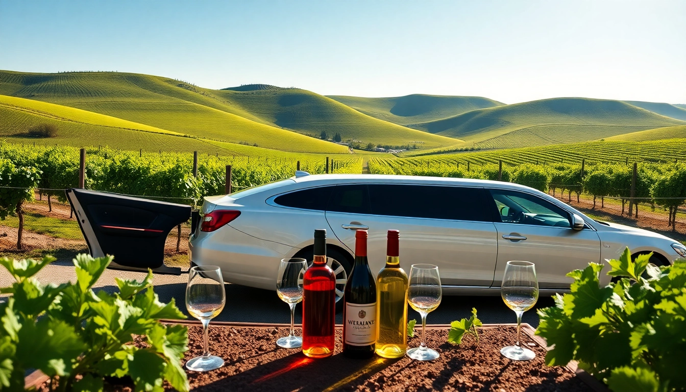 Limo wine tasting tours showcasing luxury vehicle in scenic vineyard backdrop.