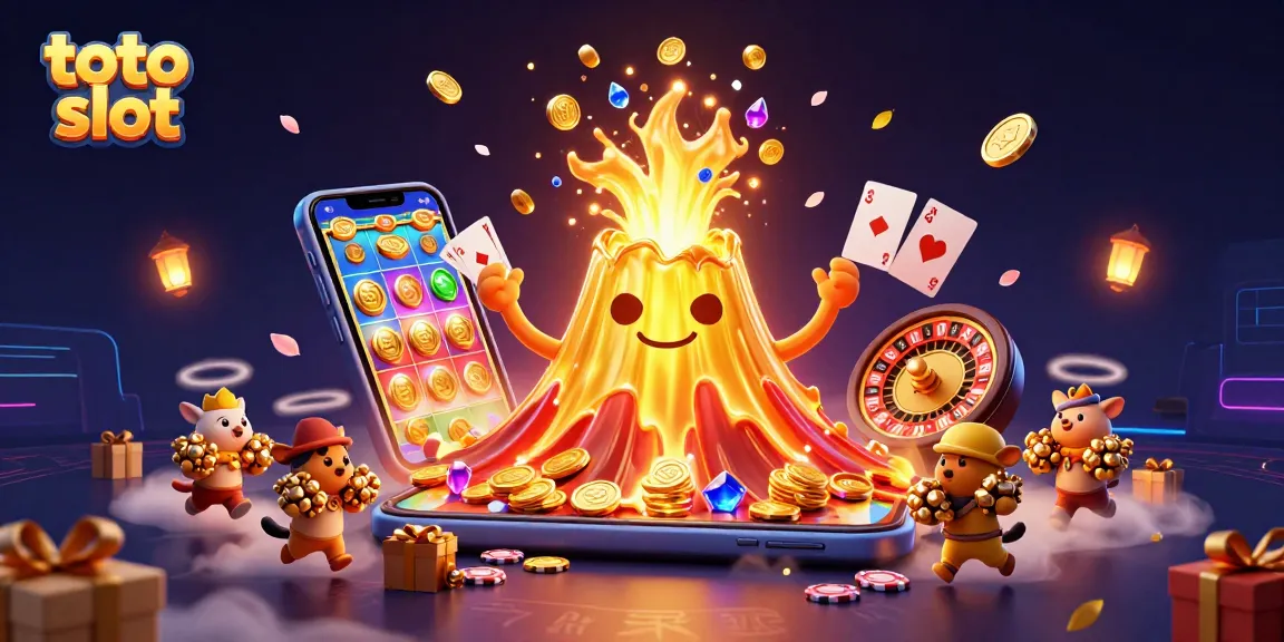Engage with the thrilling toto slot experience as golden coins and treasures erupt from a vibrant volcano.