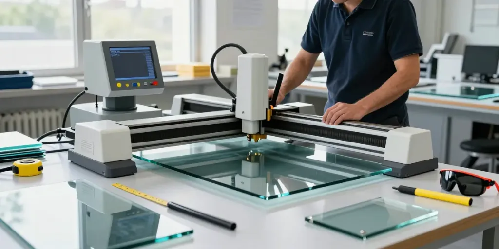 Technician using a glass cutting machine in a bright workshop.