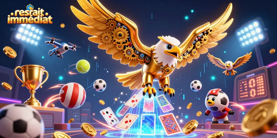 Casino retrait immédiat : un aigle cybernétique plongeant à travers des cartes holographiques avec des éléments de jeu énergiques.