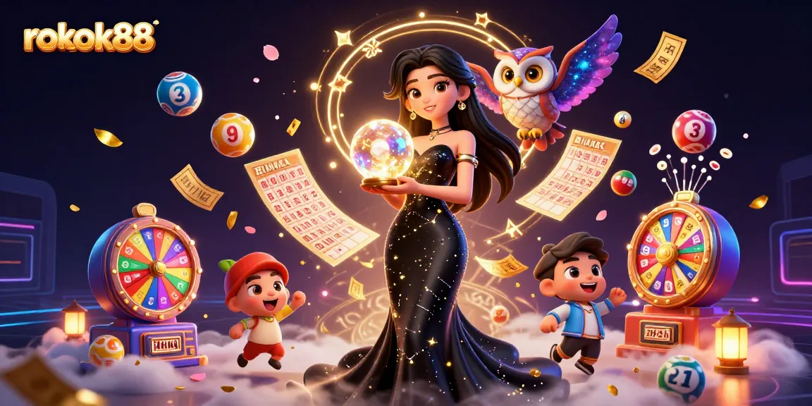 Experience excitement at rokok88 with a vibrant scene featuring lottery balls, crystal balls, and dynamic game elements.