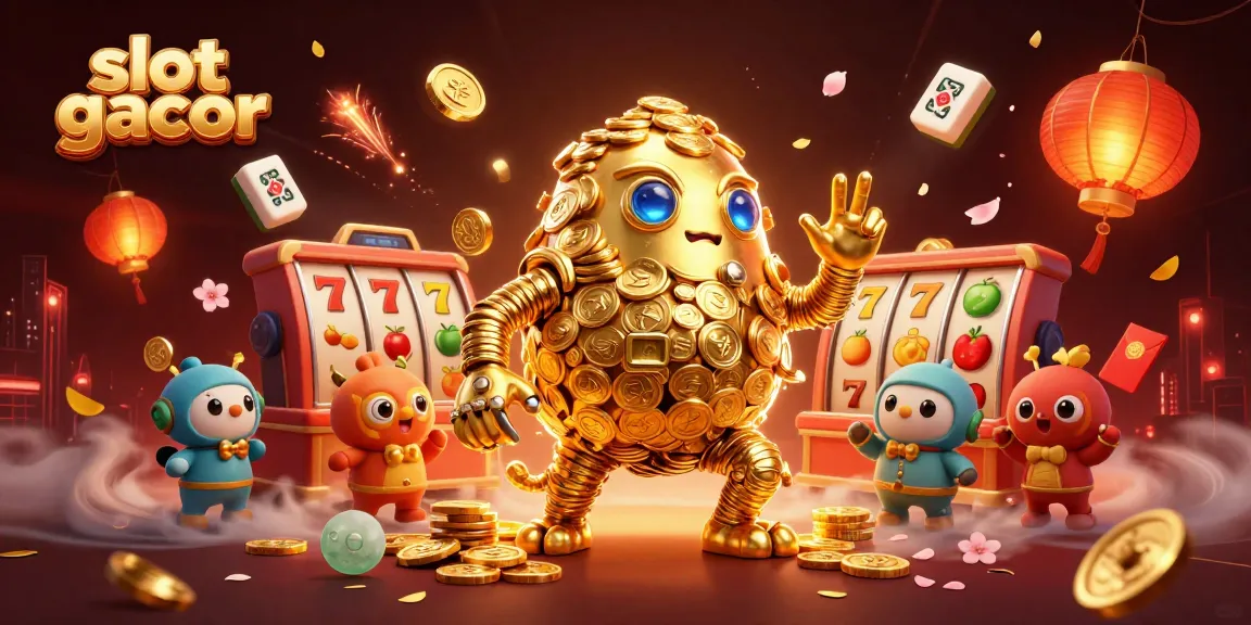 Memainkan slot gacor dengan karakter 3D golem emas dikelilingi elemen judi yang meriah.