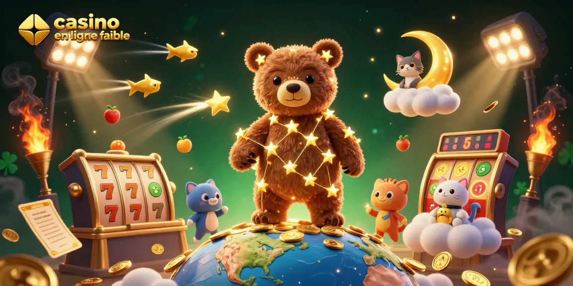 Une scène ludique représentant un casino en ligne fiable avec un ours constellé et des éléments de jeu animés.