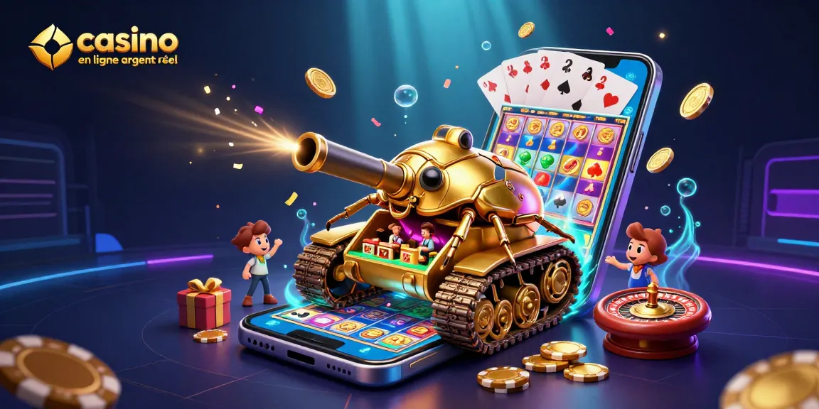 Vivez l'excitation du casino en ligne argent réel avec une illustration dynamique d'un tank doré révélant un mini casino.