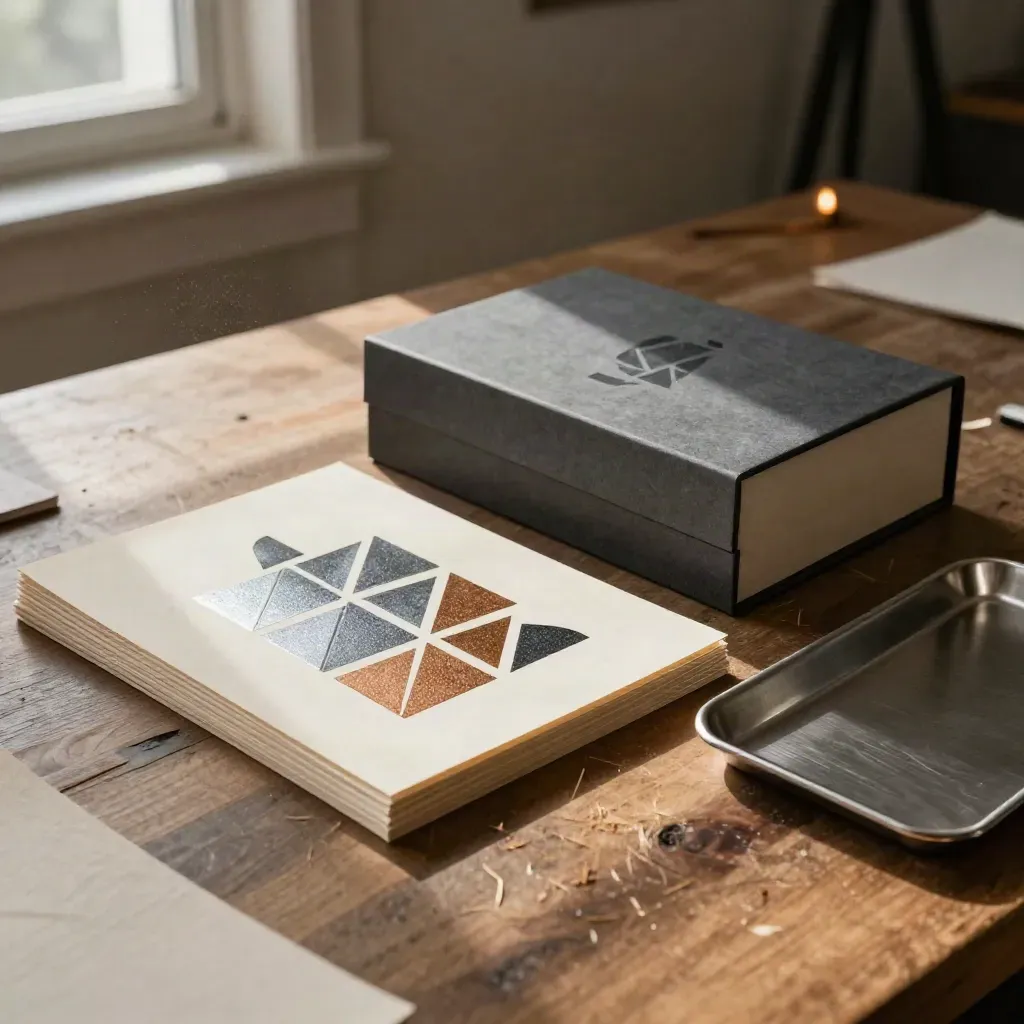 Foil-stamped logo proofs, rigid box, and file sleeves on a warm studio workbench.