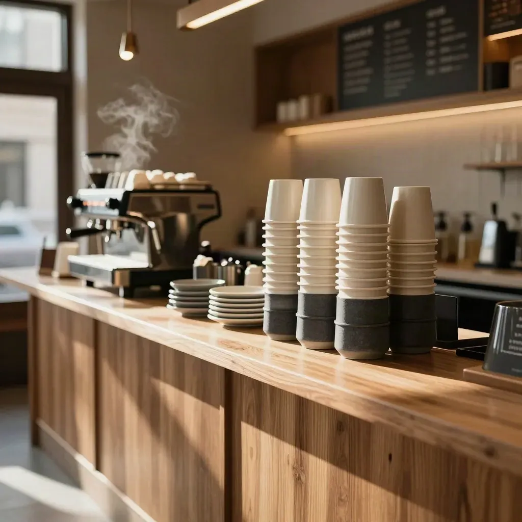 Finished coffee bar with cream cups, charcoal sleeves, and warm steam in soft daylight.