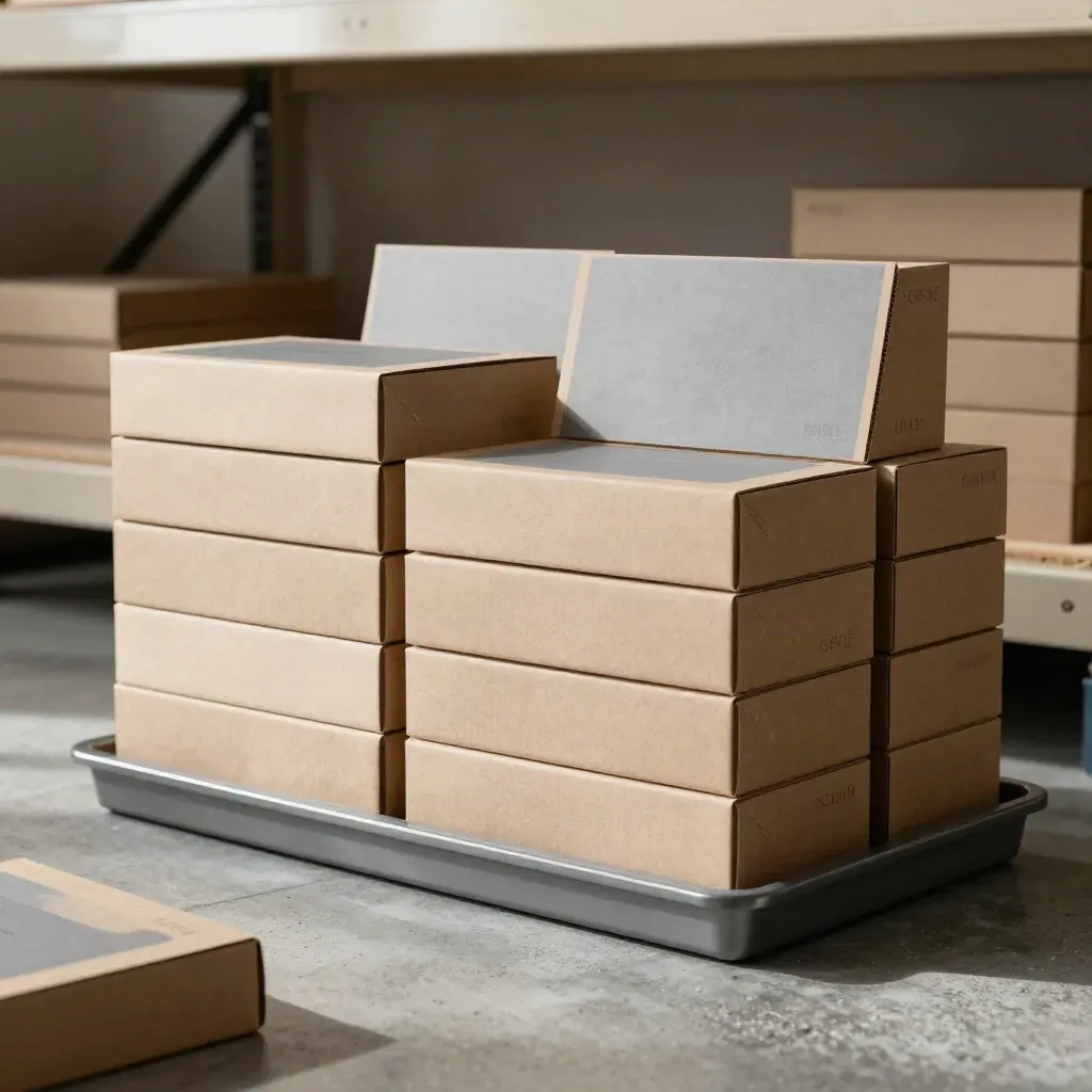 Nested cartons and sleeves form a finished packaging wall in dusty warehouse light.