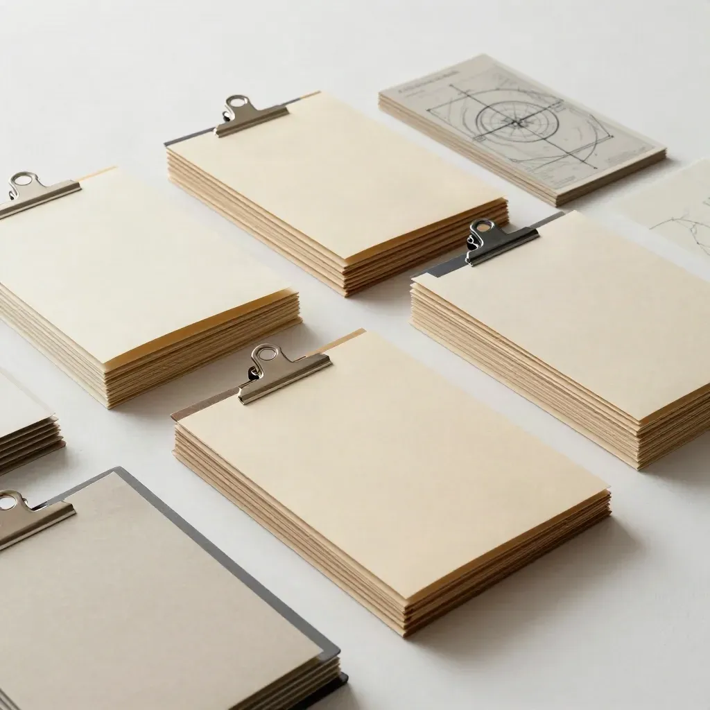 Archival folders, tabs, and clips on a plaster surface in soft daylight
