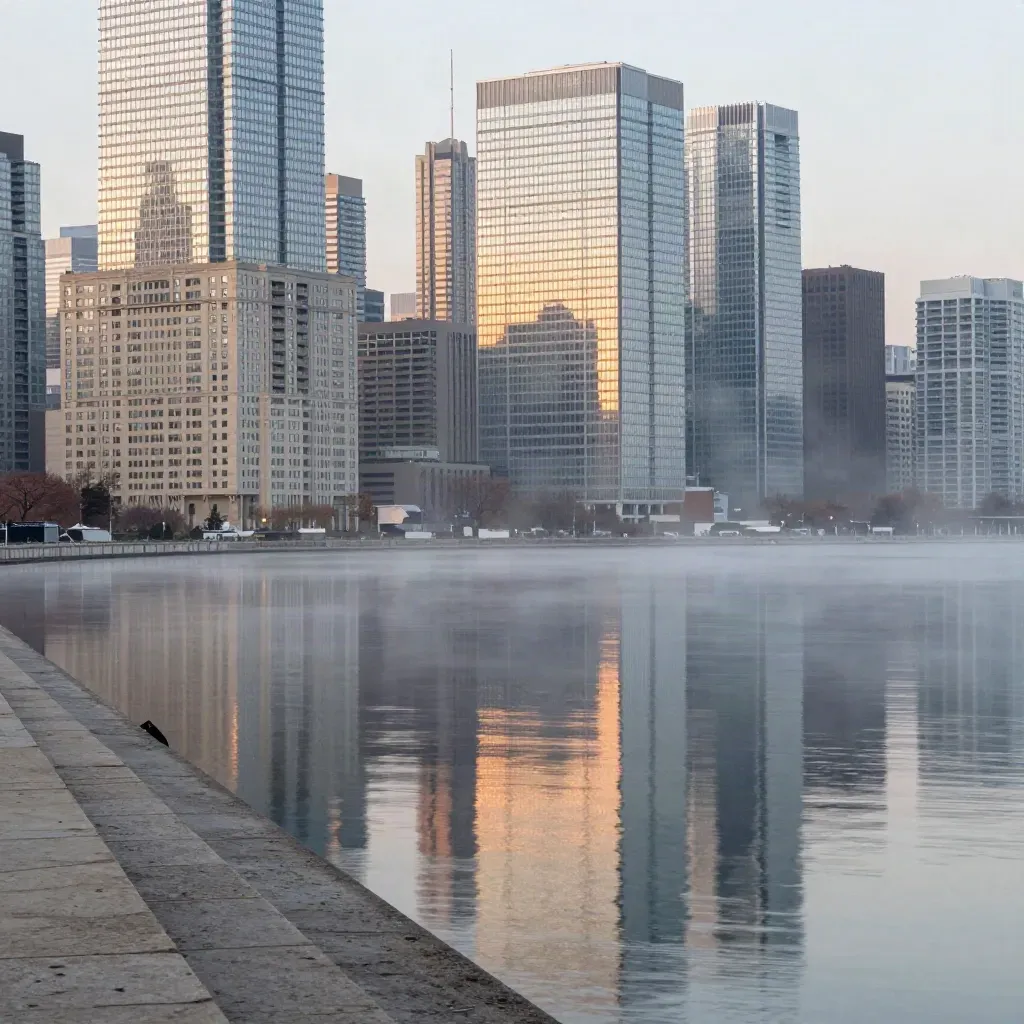 Toronto waterfront skyline in dawn haze reflected in still water, with open copy space below