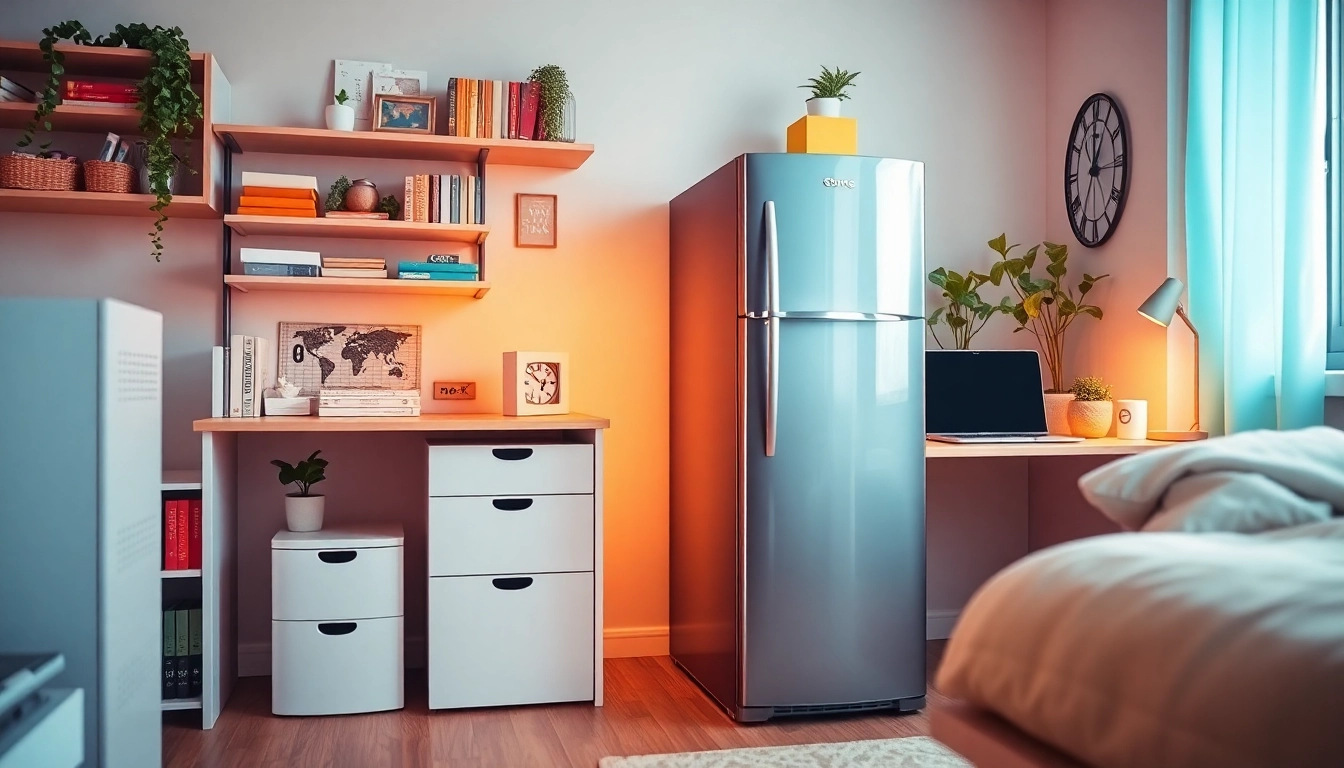 Dorm room fridge in a stylish student setup, enhancing cozy study area.