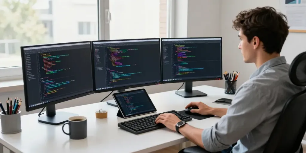 Developer using Notepad++ at a modern workspace, showcasing vibrant coding environment.