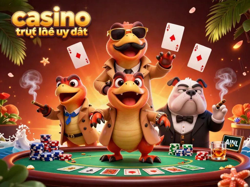 Hình ảnh casino trực tuyến uy tín với ba khủng long giả dạng người ở VIP lounge.