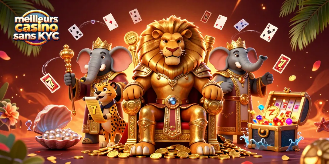 Illustration colorée représentant les meilleurs casinos sans KYC, avec des personnages de casino animés.